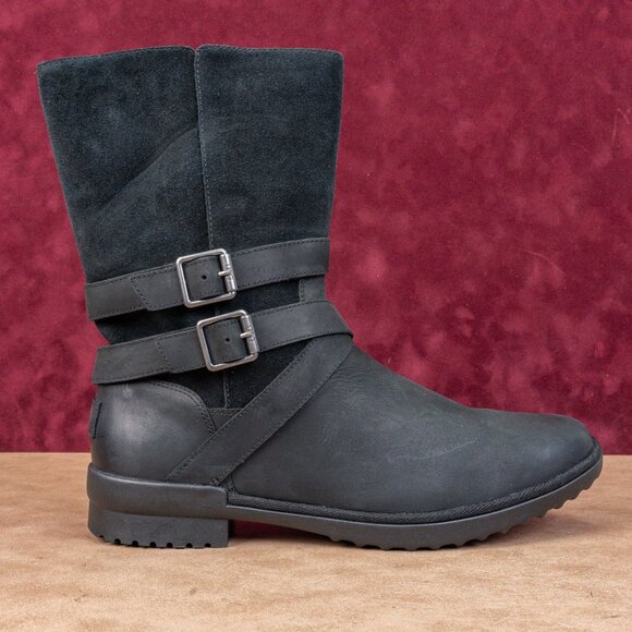 UGG Women Lorna Black Leather Waterproof Shearling Top Mid Calf Boots sz 11 - Picture 4 of 8